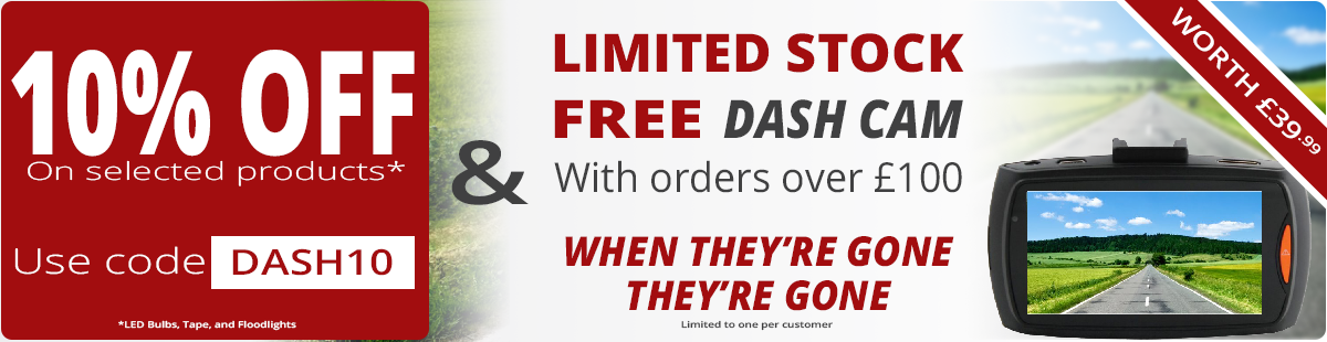 March - Limited Time DASH10 Promo LED Discount Code Plus Free HD Portable Dash Cam on Orders Over £100